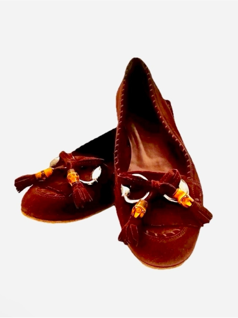 GUCCI Brown Suede Loafers Size 8.5 - Tassel Fringe Flats Women's - Excellent